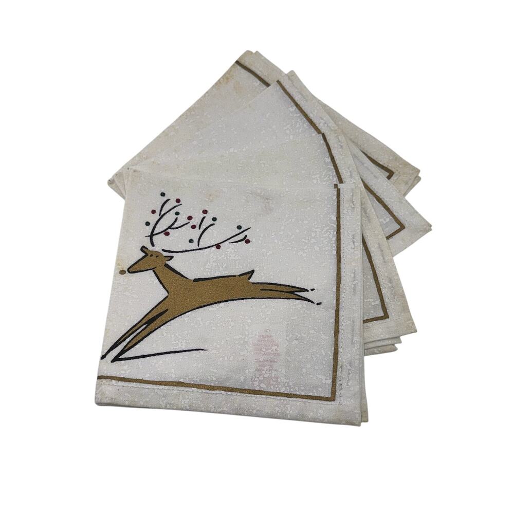 Vintage 90s Christmas Reindeer XMAS Fabric Cocktail Napkins Set of 4 Gold